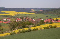 Leicht wellige Landschaft mit Dorf zwischen gelben Rapsfeldern