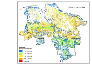 potentielle Beregnungsbedürftigkeit in Niedersachsen im Zeitraum 2011-2040