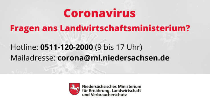 Coronavirus. Haben Sie Fragen ans Landwirtschaftsministerium? Dann können Sie unsere Hotline anrufen. Telefonnummer ist 05111202000