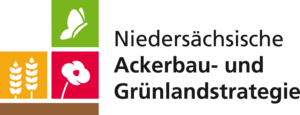 Das Logo der Niedersächsischen Ackerbau- und Grünlandstrategie: Ein Schmetterling,, zwei Ähren, und Eine Blume - darunter braun angedeutet der Boden
