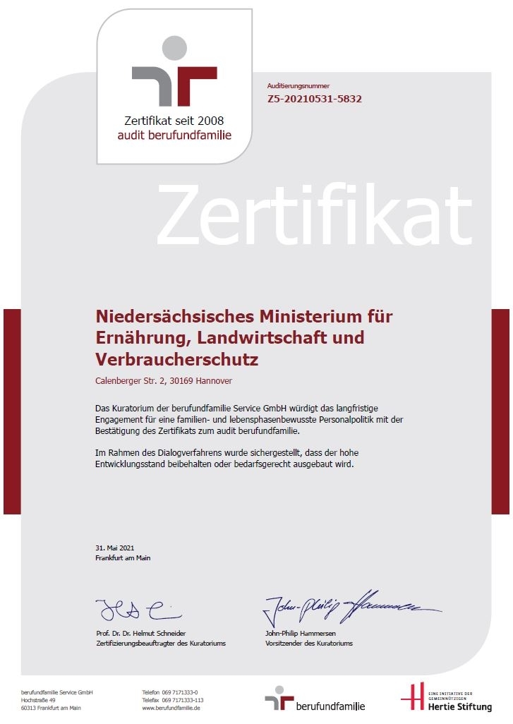 Zertifikat von der berufundfamilie Service GmbH für das ML für familienfreundliche Personalpolitik