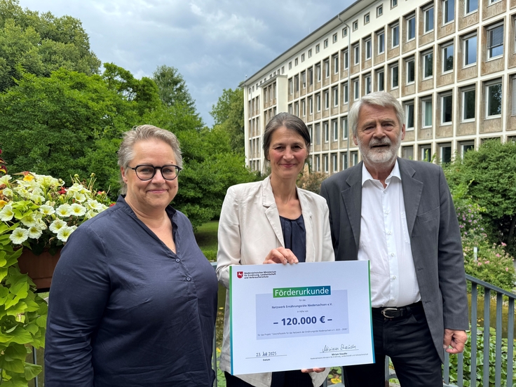 Ministerin Staudte mit Frau Steven und Herrn Wogenstein im Karten des ML. Sie hält den Förderbescheid in der Hand.