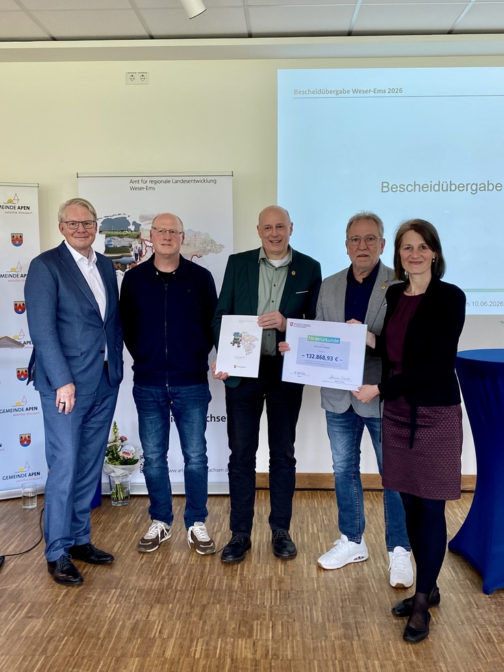 Ministerin Miriam Staudte übergibt mit Nikolaus Jansen (Landesbauftragter für regionale Landesentwicklung) den Förderbescheid für das Projekt "Erneuerung Fehnbrücke", LK Aurich