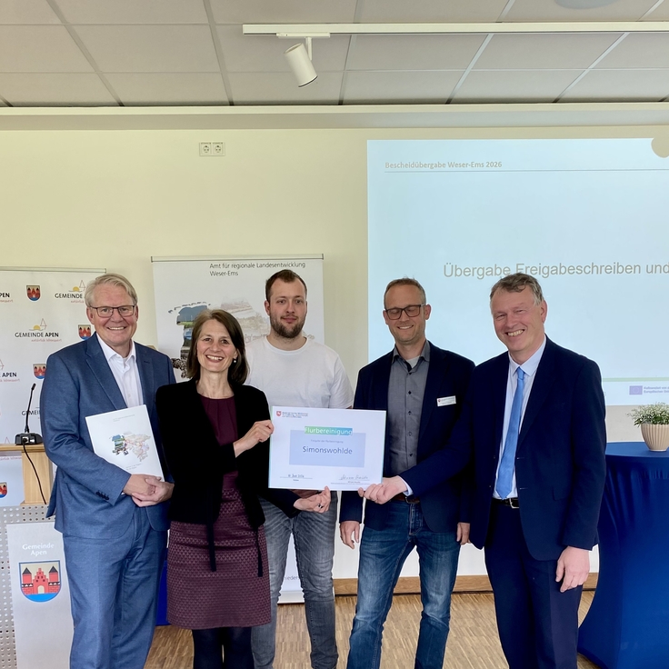 Ministerin Miriam Staudte übergibt mit Nikolaus Jansen (Landesbeauftragter für regionale Landesentwicklung) den Förderbescheid für das Projekt "Flurbereinigung Simonswohlde", LK Aurich