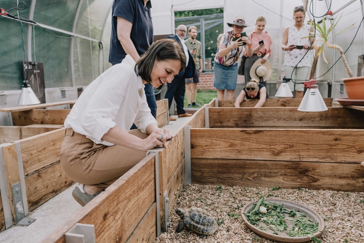 Ministerin Miriam Staudte schaut sich knieend eine Schildkröte an