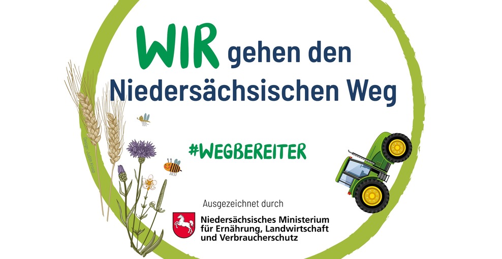 Das Signet der Aktion "Wir gehen den Niedersächsischen Weg!" zeigt einen Traktor sowie ein paar Ähren, Ackerpflanzen und Insekten. Außerdem den Hashtag der Aktion: #Wegbereiter
