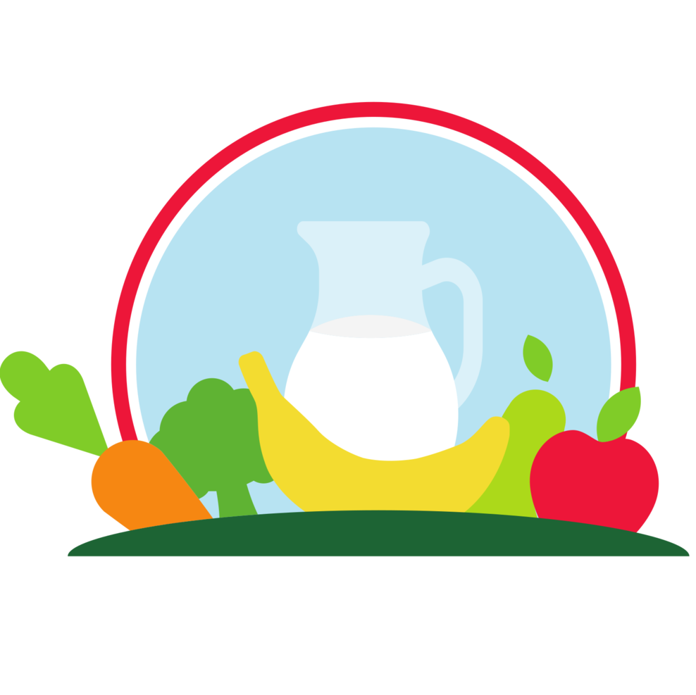 Logo vom EU-Schulprogramm: Eine Möhre, ein Blumenkohl, eine Banane, eine Birne und ein Apfel liegen vor einem Krug Milch.