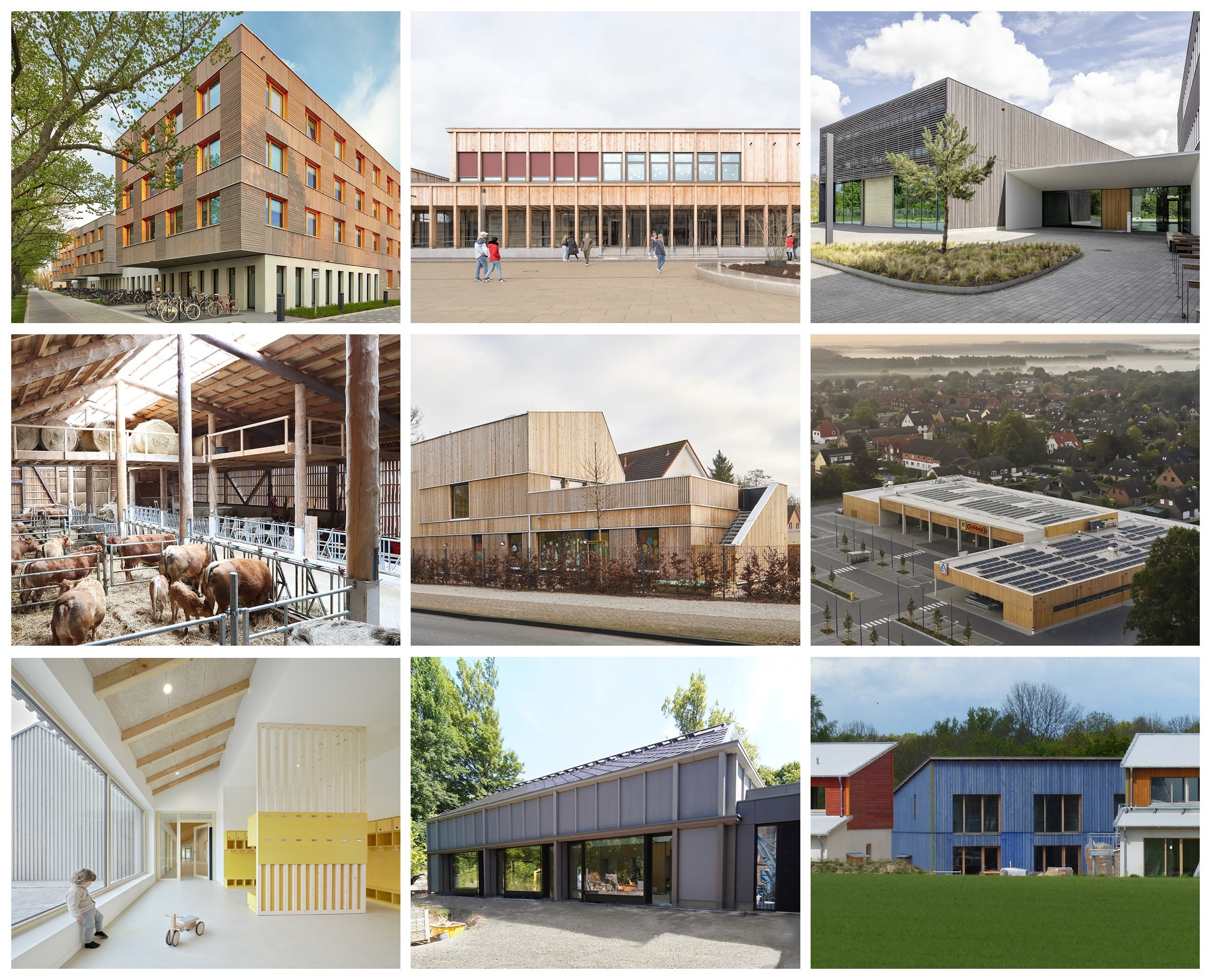 Eine Collage zeigt die neun Holzbauprojekte, die beim Holzbaupreis Niedersachsen 2022 in der engeren Auswahl stehen